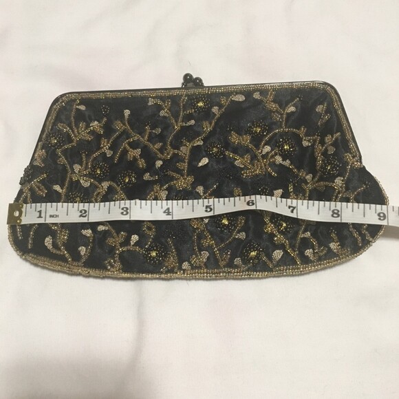 Black satin flower embroidered & beaded clutch purse/black chrome clasp Lacome - Picture 6 of 6